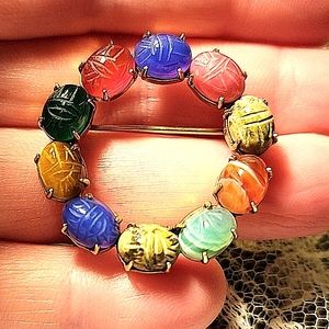 🔥PRICE DROP🔥 RARE ANTIQUE DESIGNER 14KGF GENUINE STONE SCARABS ETERNITY PIN